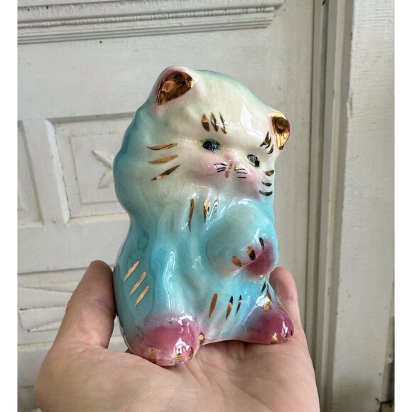 Vintage 50's Blue Ceramic Cat Kitten Planter Pot Vase Kitsch Retro - Picture 6 of 11